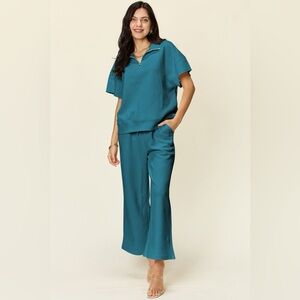 Double Take Full Size Texture Half Zip Short Sleeve Top and Pants Set